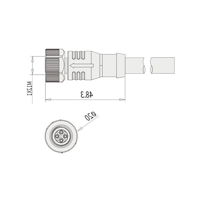 M12 4Pin S-coded、母头直型、单端预铸PUR柔性电缆、黑色护套、64SP05-XXX