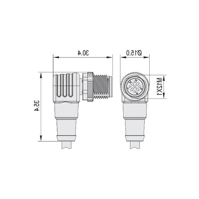 M12 5Pin 、公头90°、引脚5灰色、单端预铸PUR柔性电缆、带屏蔽、黑色护套、64S565-XXX