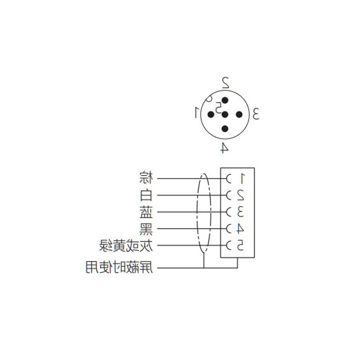 M12 5Pin 、公头90°、引脚5灰色、单端预铸PUR柔性电缆、带屏蔽、黑色护套、64S565-XXX